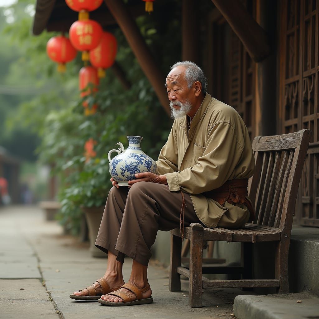 A Worn Elderly Chinese Man Sits on a Wooden Bench in Traditi...