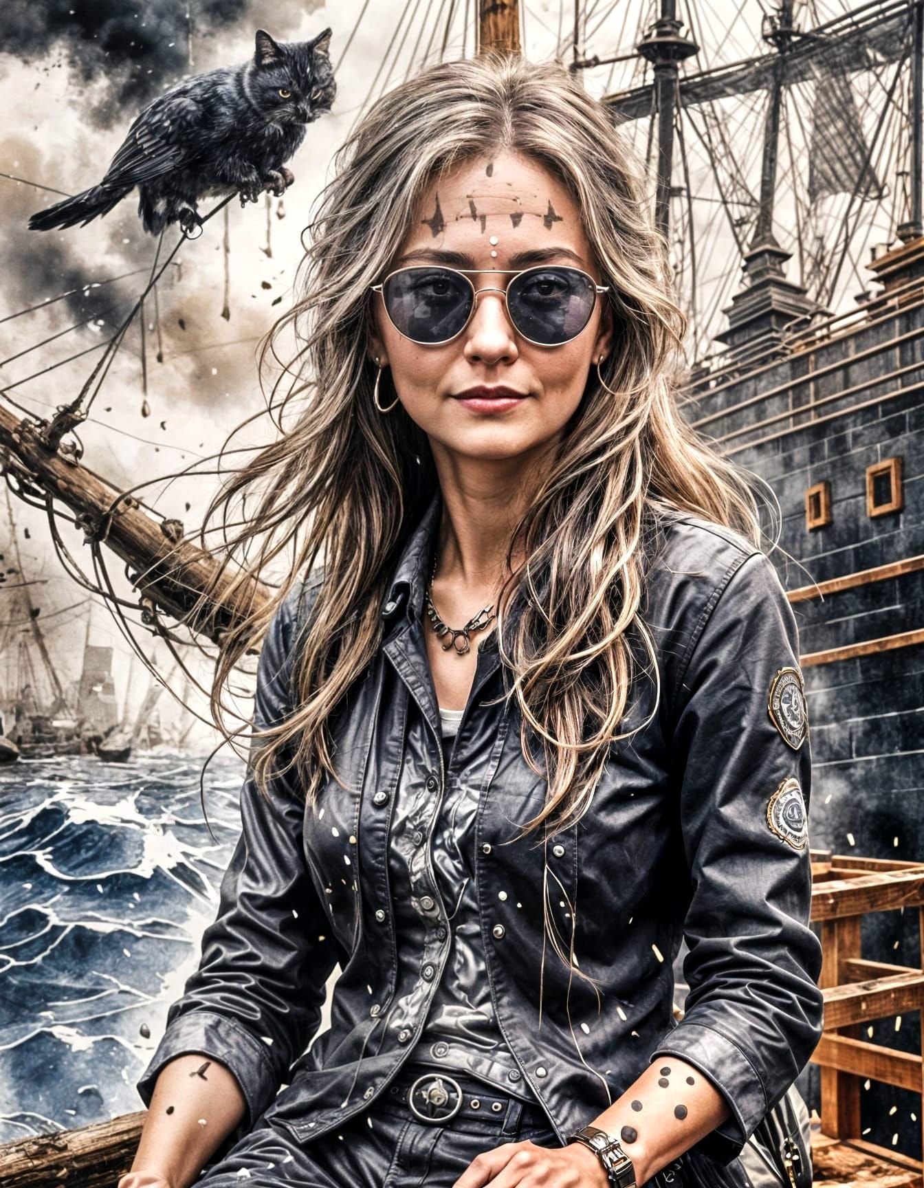 Punk Lady on Sailing Ship in Mosaic Art Style
