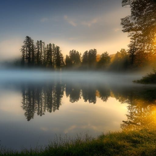 Sunrise Over Misty Lake With Old Boat