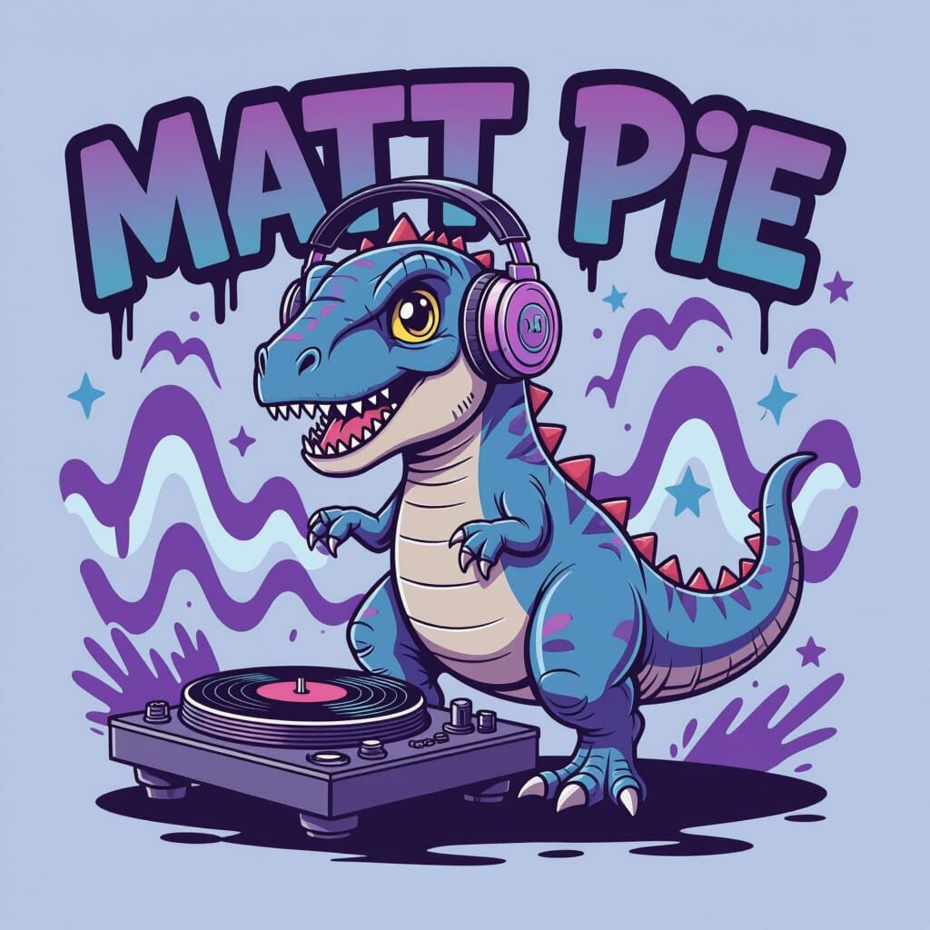 Cartoon Raptor DJ with Turntable and Graffiti Waves