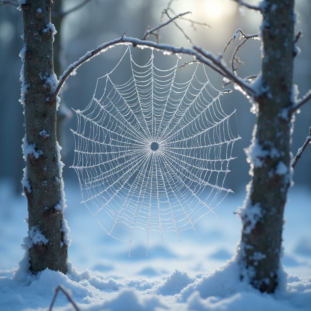 Crystallized Spiderweb in Hyperrealistic Winter Scene