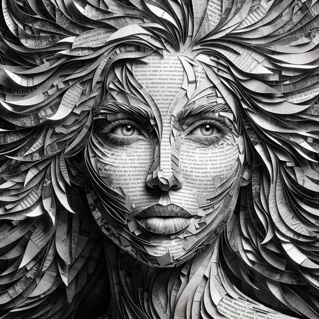 Newspaper Collage Portrait of a Captivating Woman