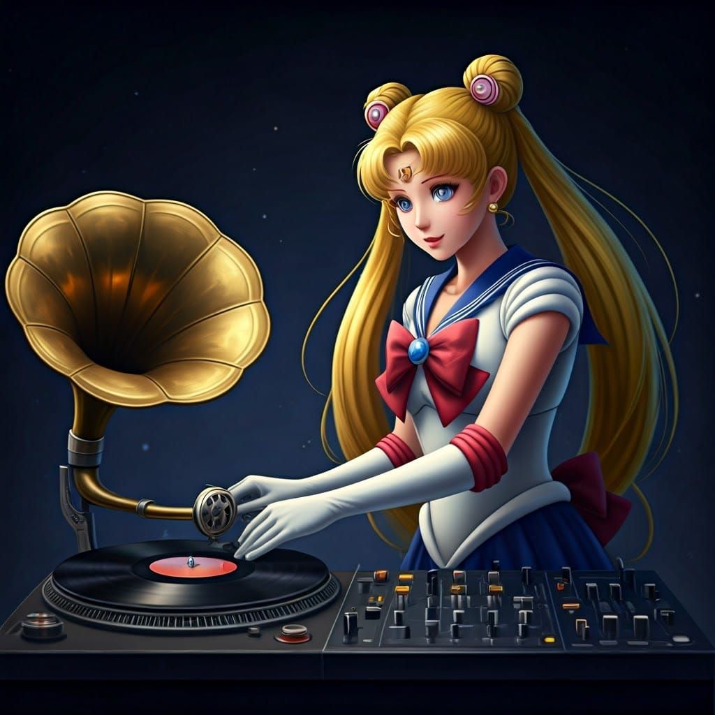 DJ Sailor Moon Scratches Vinyl in Retro Style