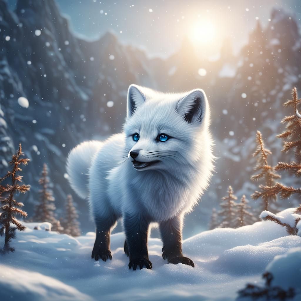 Arctic Fox Cub Plays in Snowy Fantasy Landscape