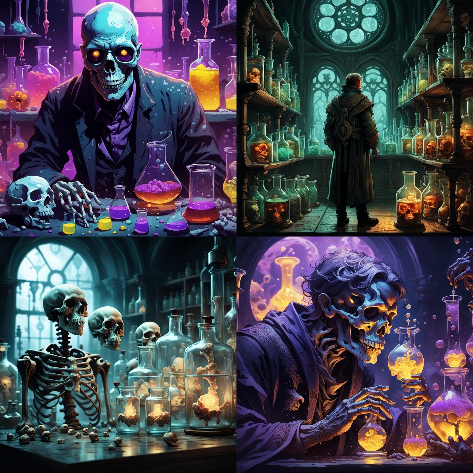 Dark Fantasy Alchemist Studies Skulls in Chemicals