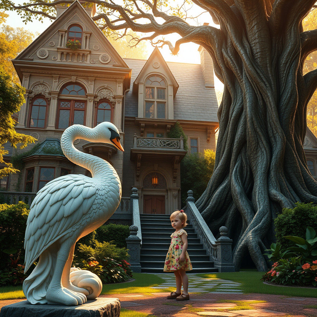 Swan Statue and Child in Dreamlike Digital Art