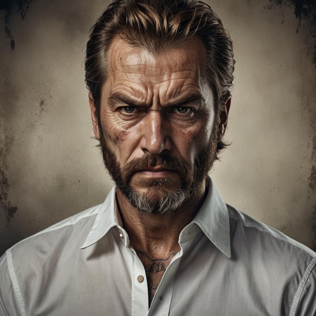 Angry Man with Tattoo in Hyperrealistic Style