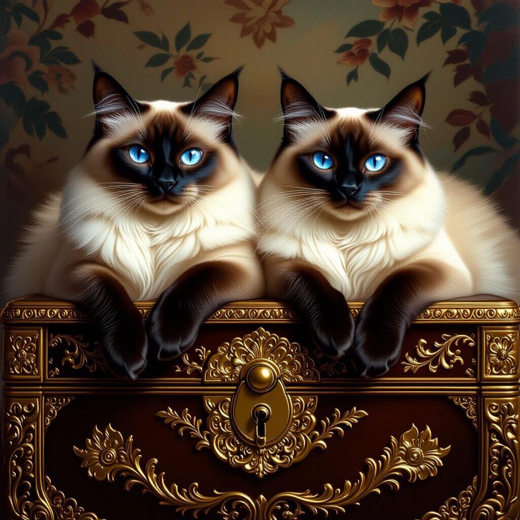 Siamese Cats Lounging on Ornate Gold-Trimmed Chest