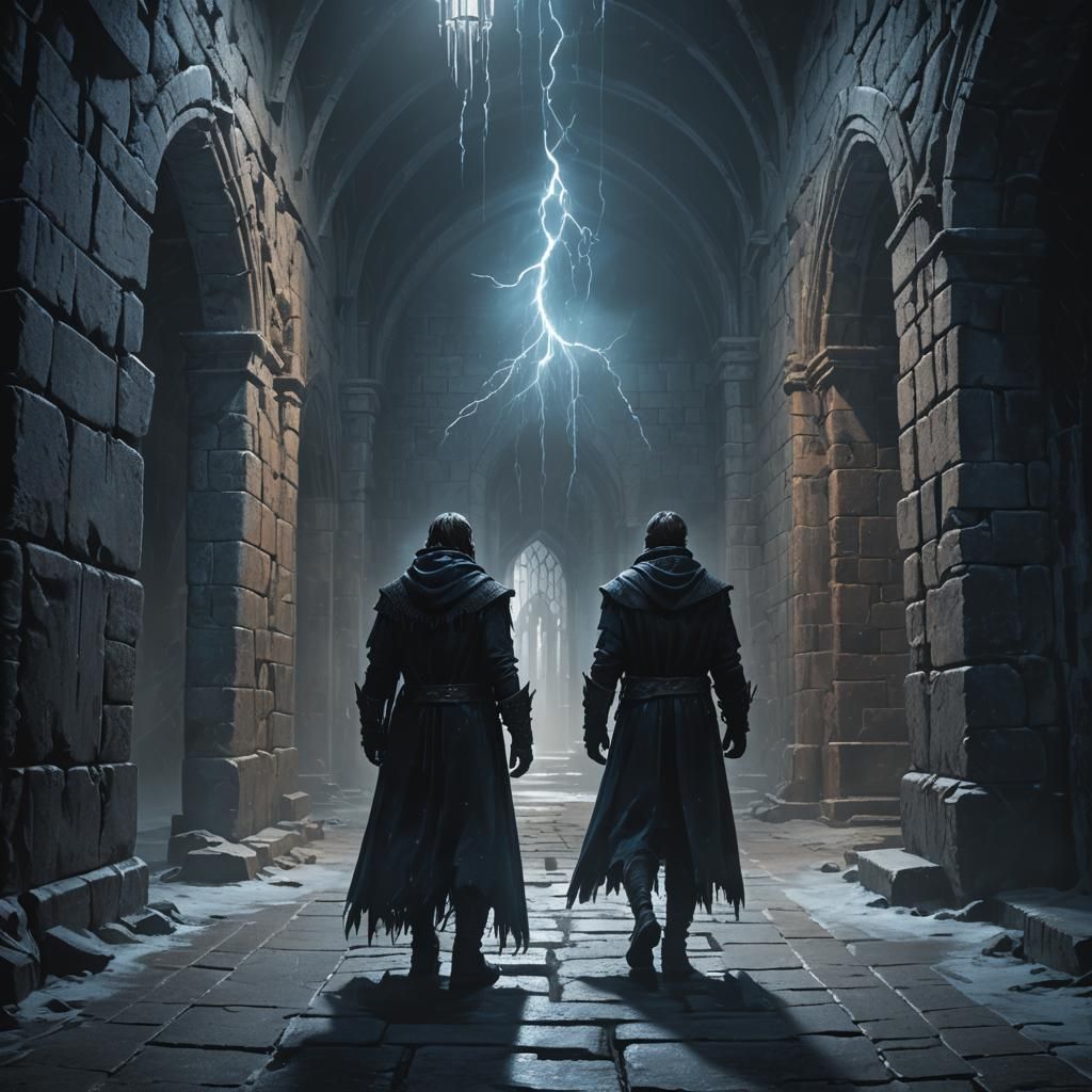 Frozen Figure in Dark Gothic Castle Hallway