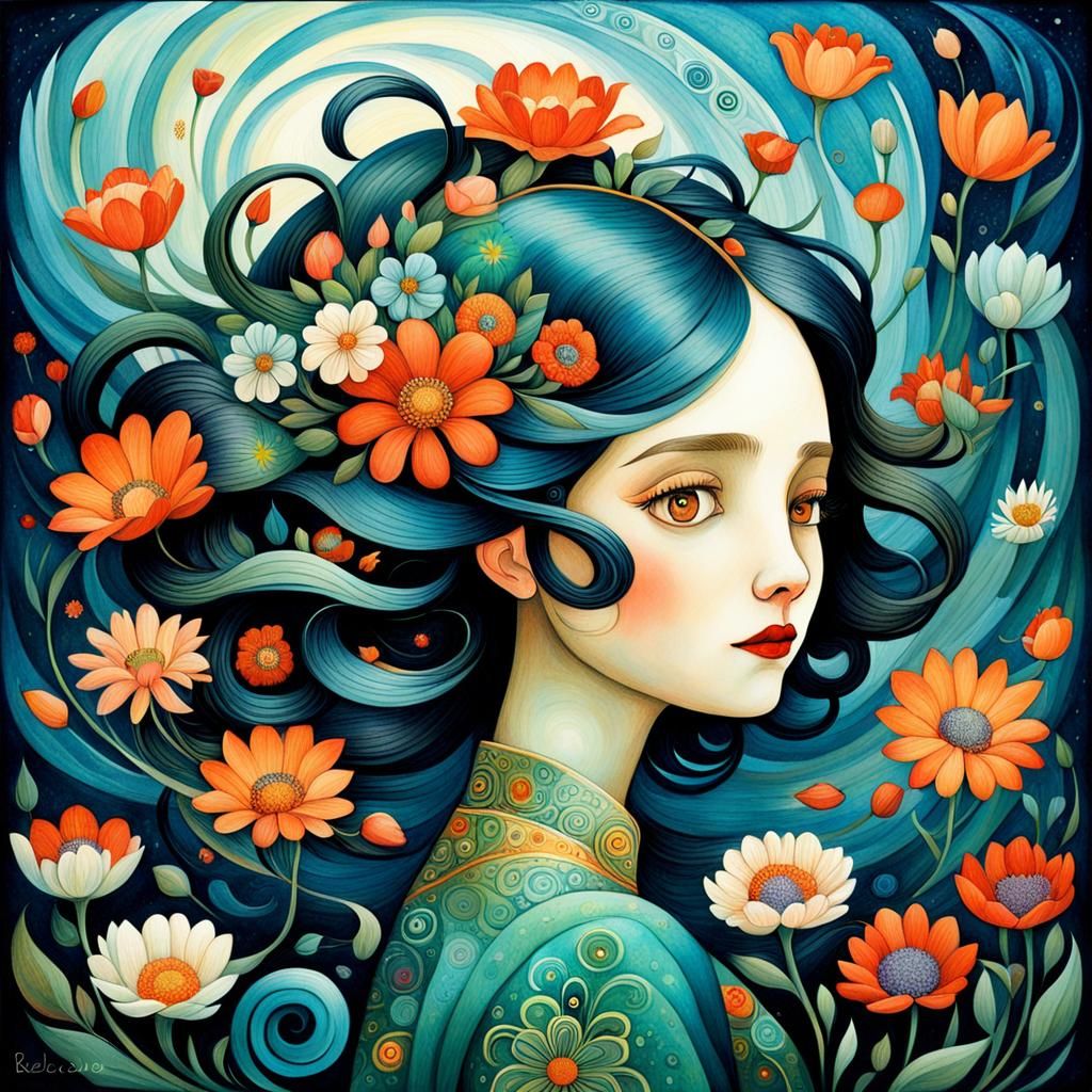 Woman with Flowers: Art Deco Storybook Illustration