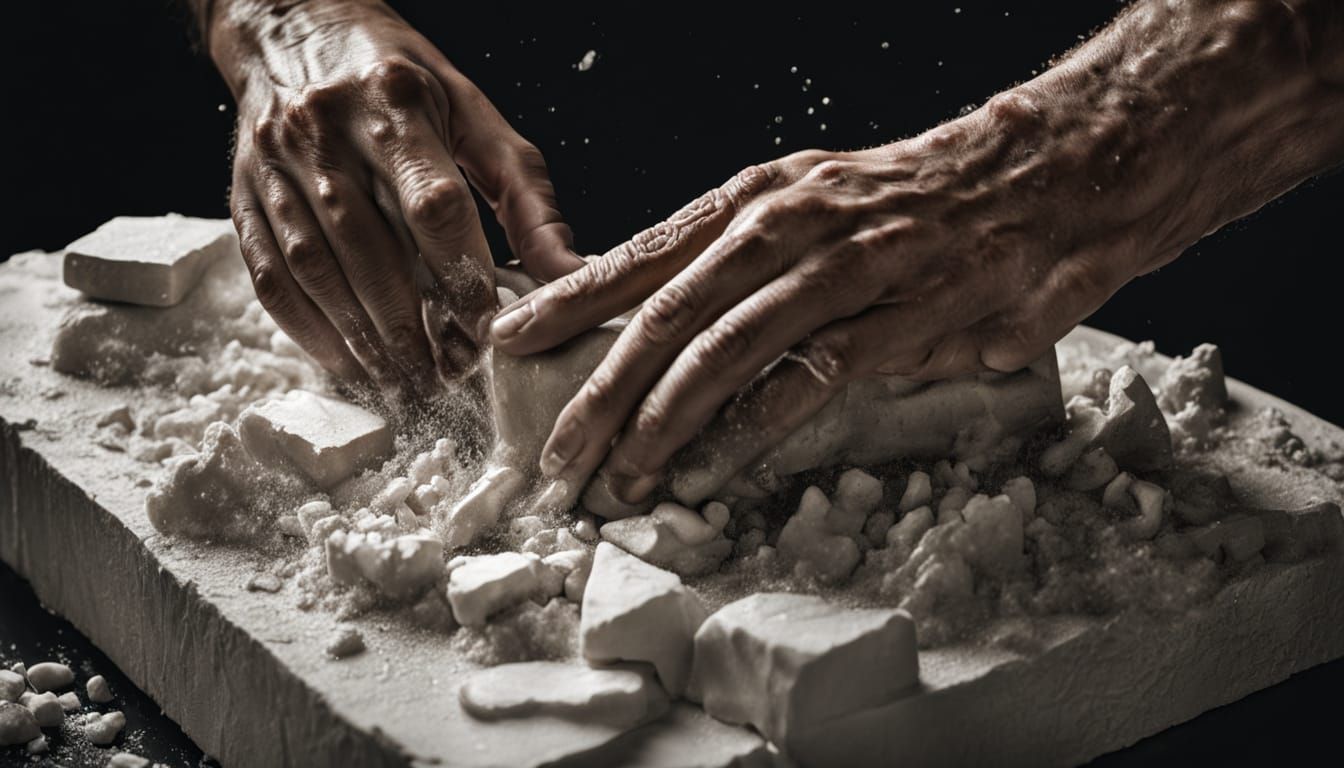 Sculptor's Hands Chiseling Marble in Dramatic Spotlight