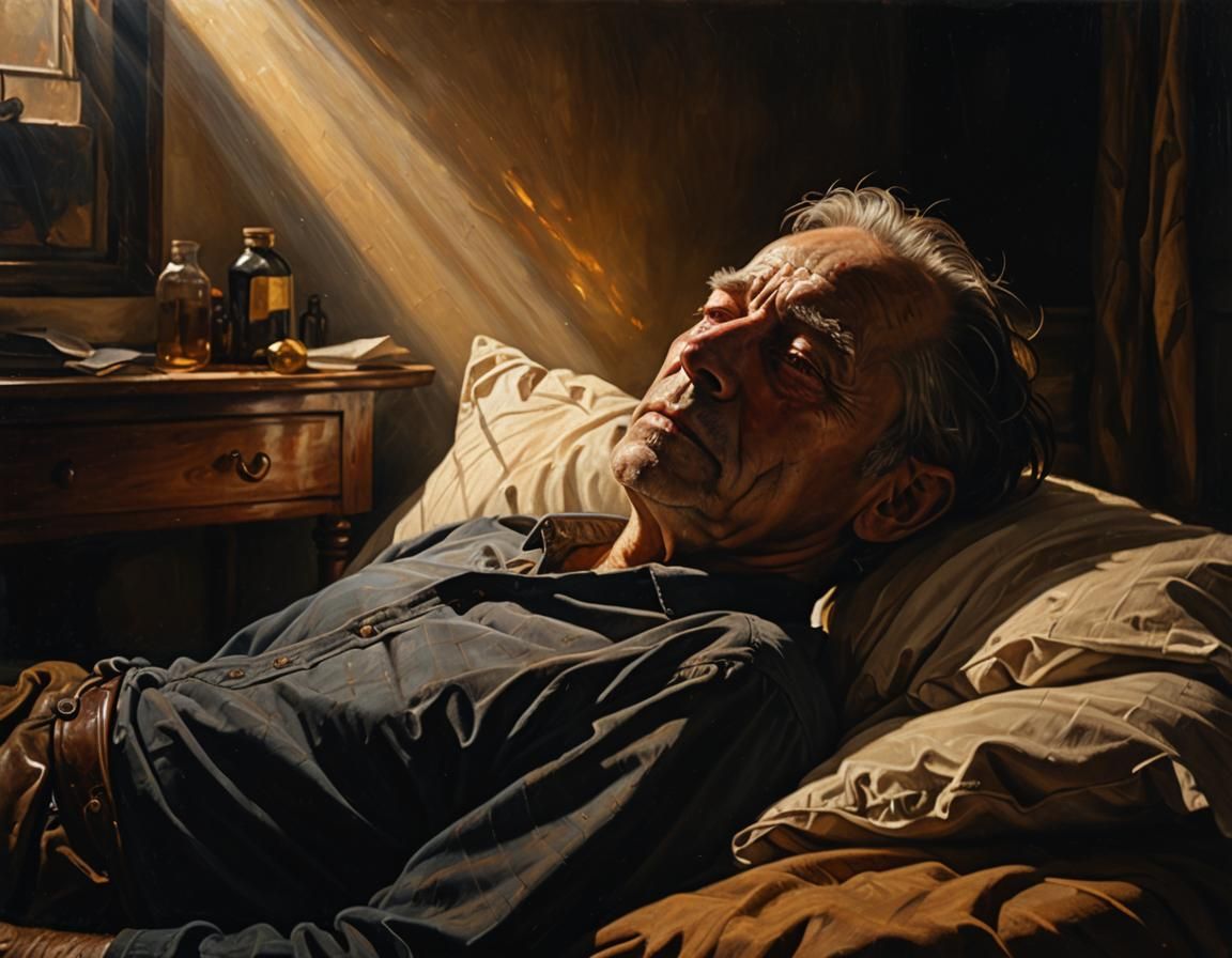 Dying Man in Dark Realism Oil Painting