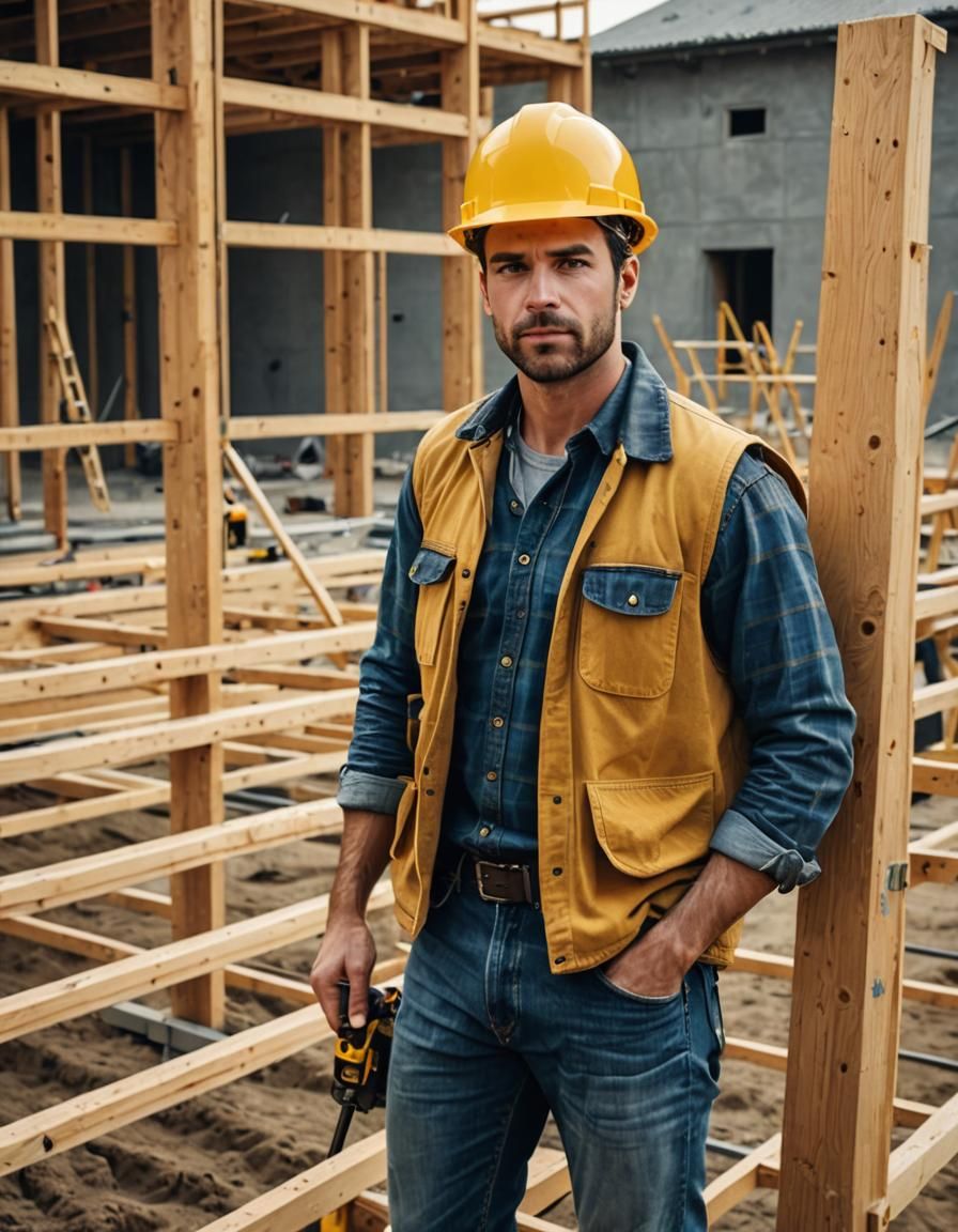 a 30 year old Builder worker on construction site of frame house. wearing jeans, flannel shirt, yellow construction hat....
