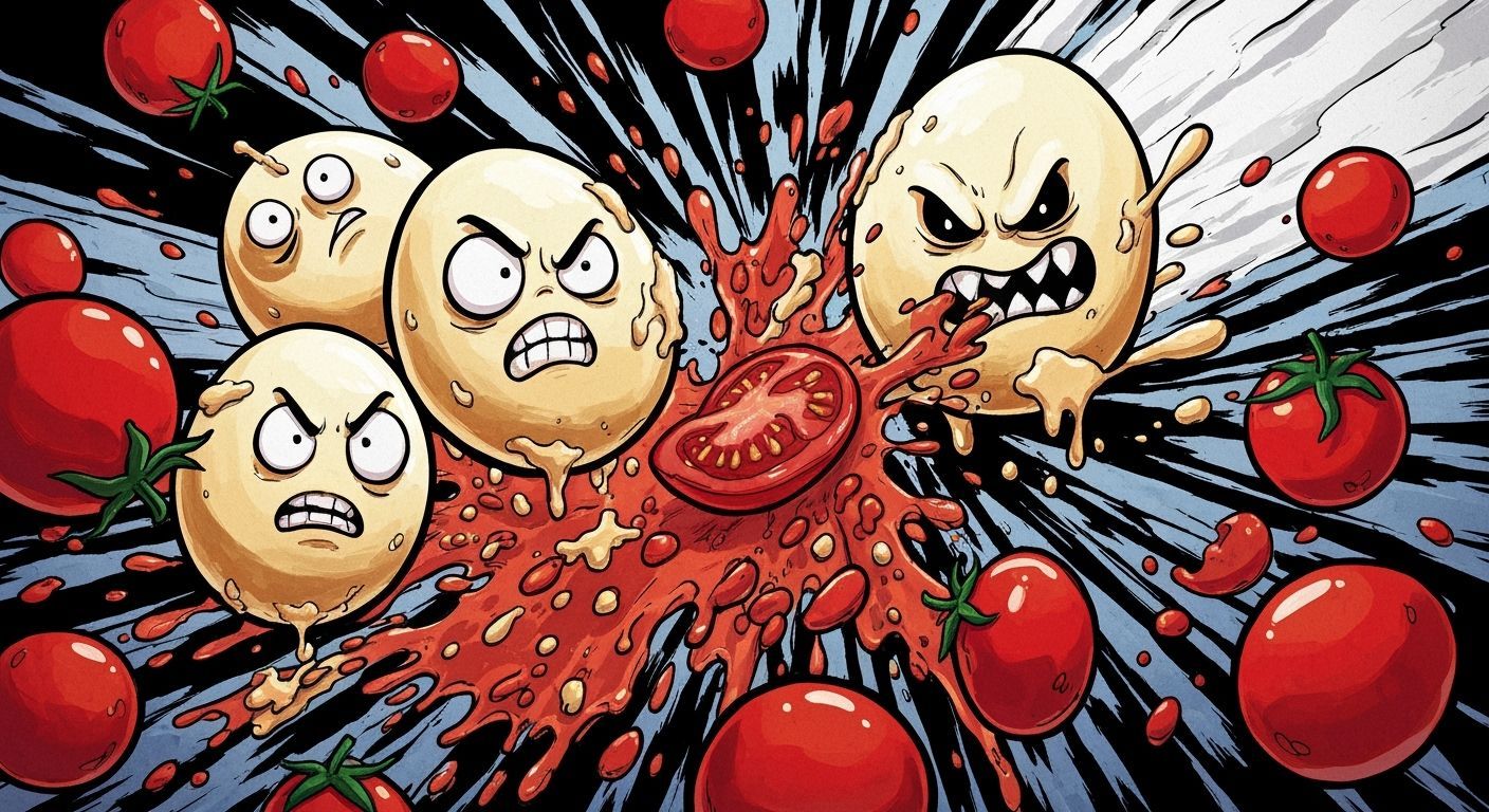 Eggs in Tomato Food Fight as Whimsical Art