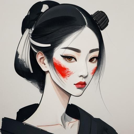 Geisha Portrait in Modern Ink Painting Style