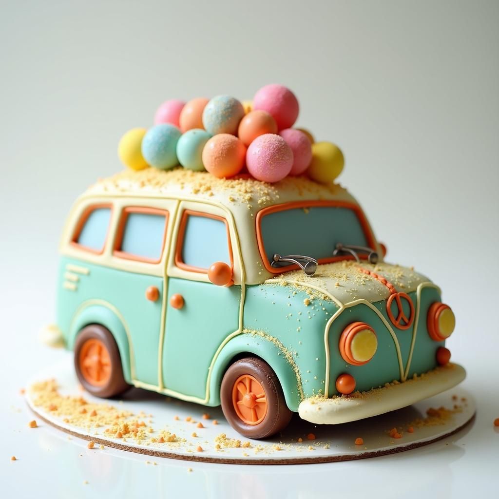 Steam-Colored Car Cake with Whipped Cream Balloons
