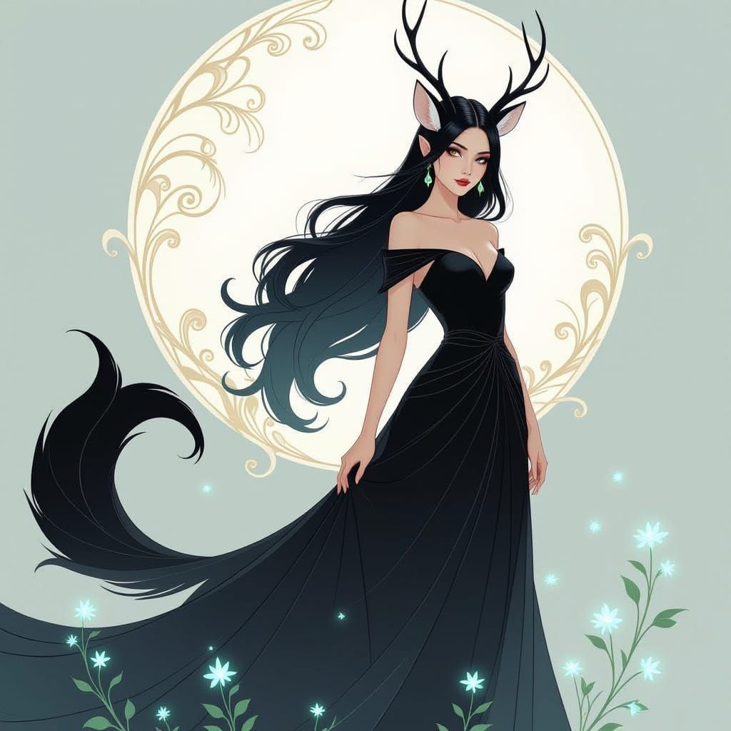 Ethereal Woman with Deer Features in Mystical Forest