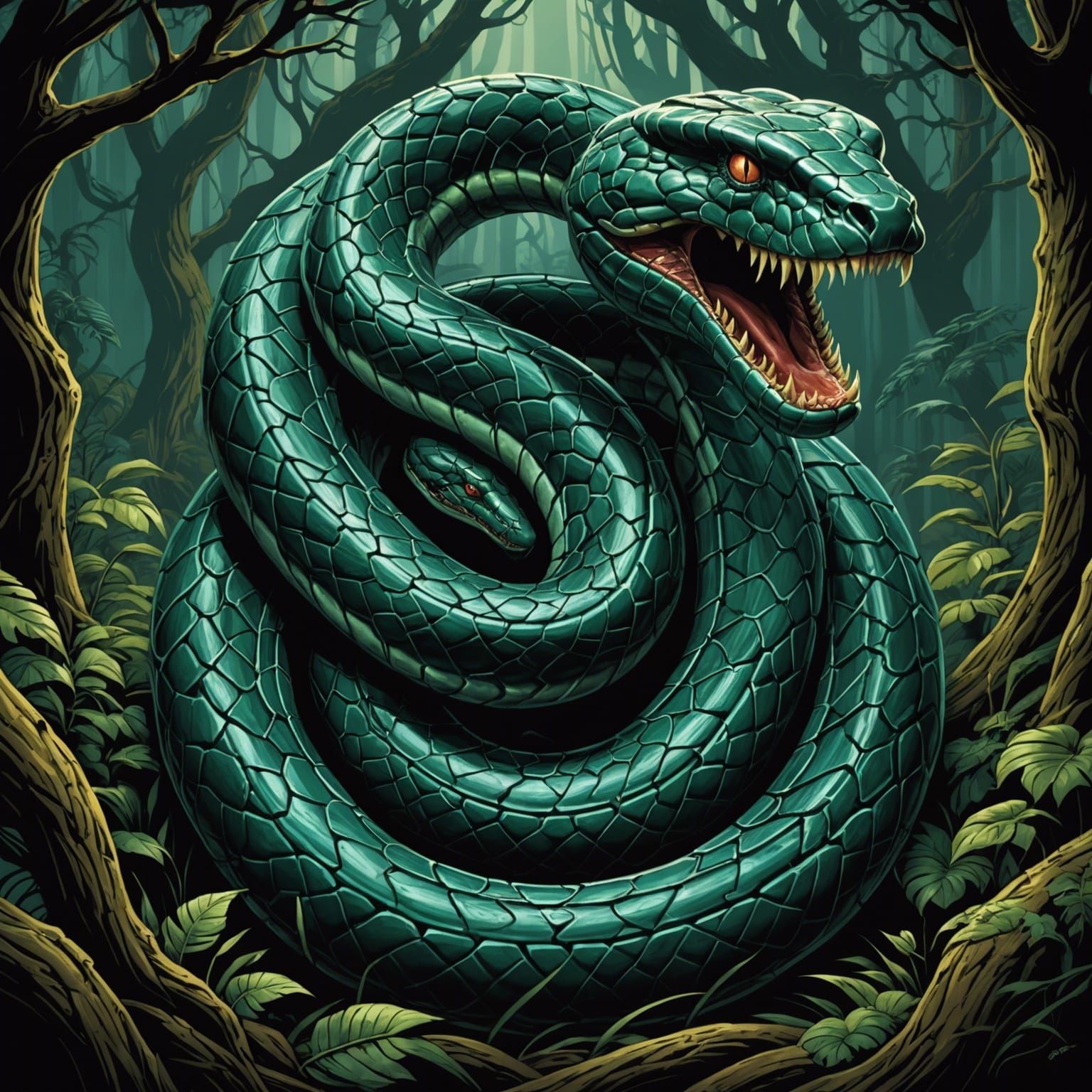 Colossal Snake in Comic Book Art Style