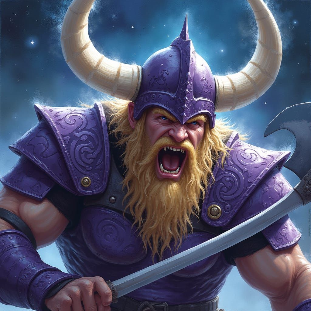 Viking Warrior in Regal Purple Armor Confronts the Cosmos