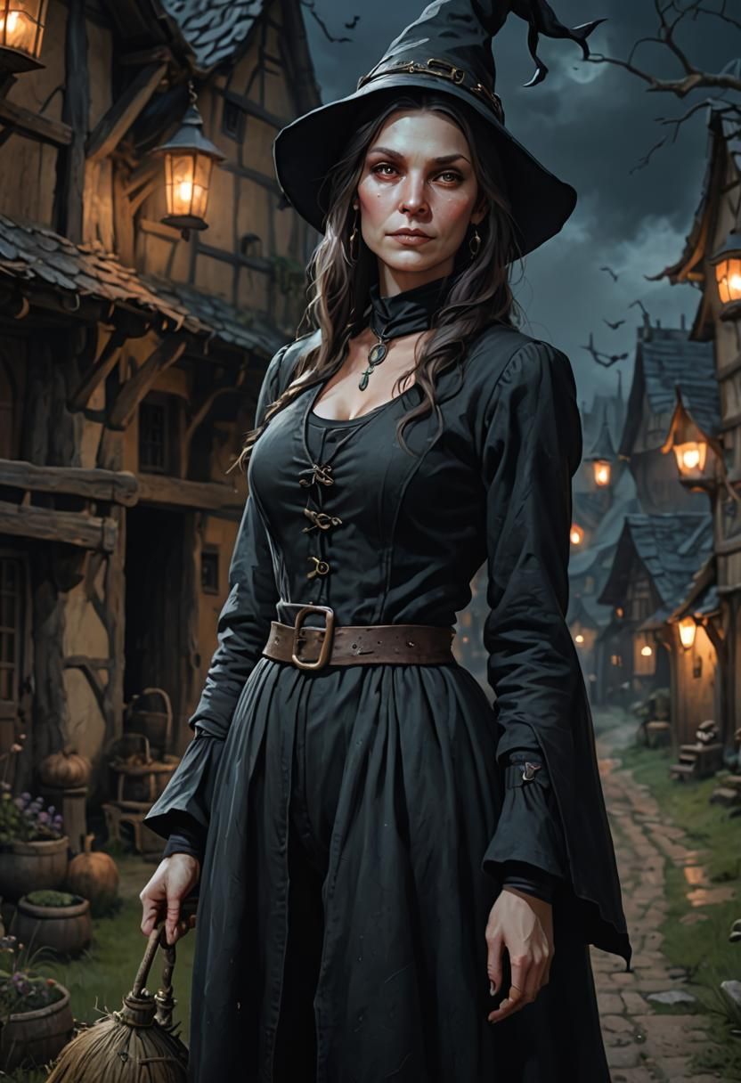 A Witch in a Quaint Village Scene