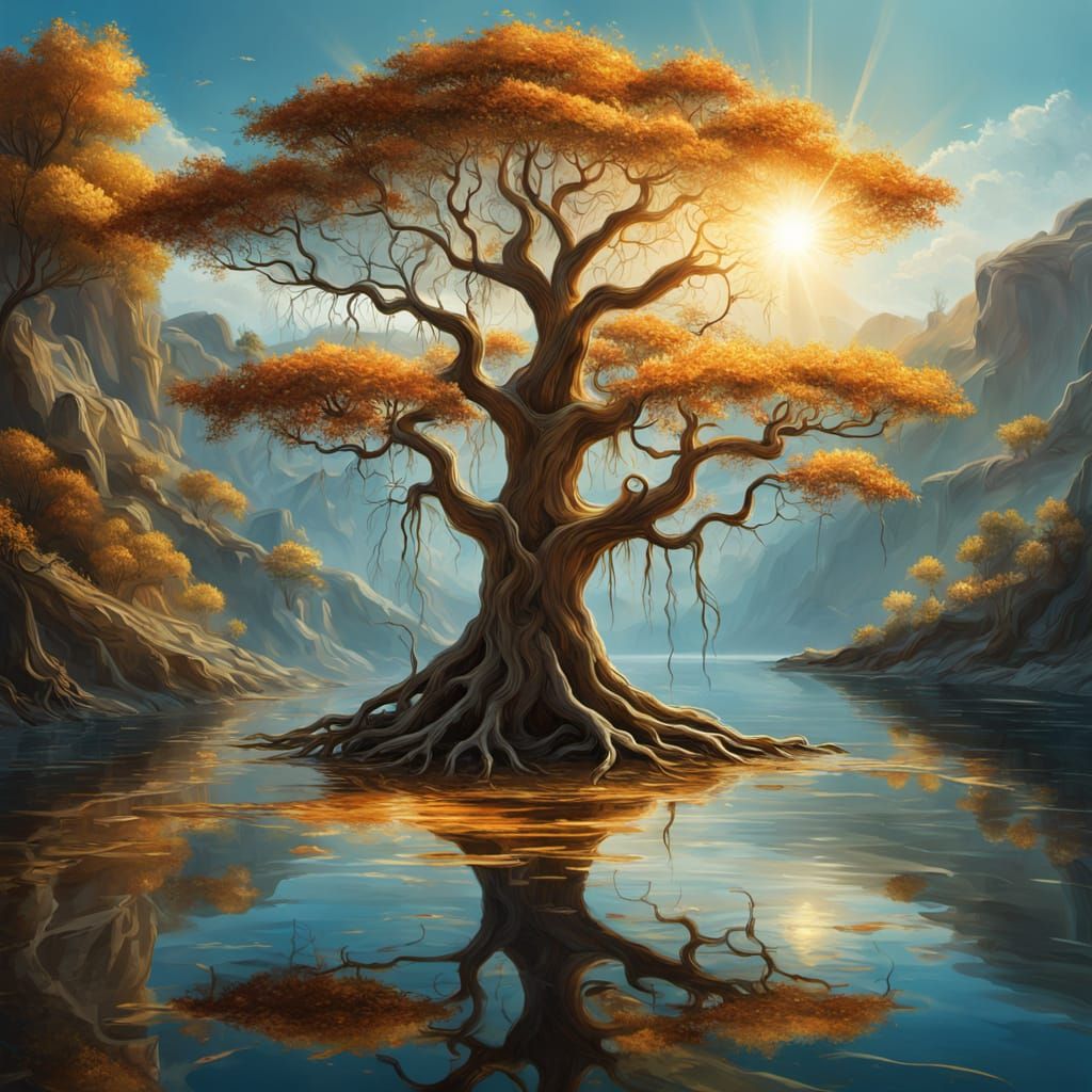 Surreal Tree Melts into Lake in Vibrant Oil Painting