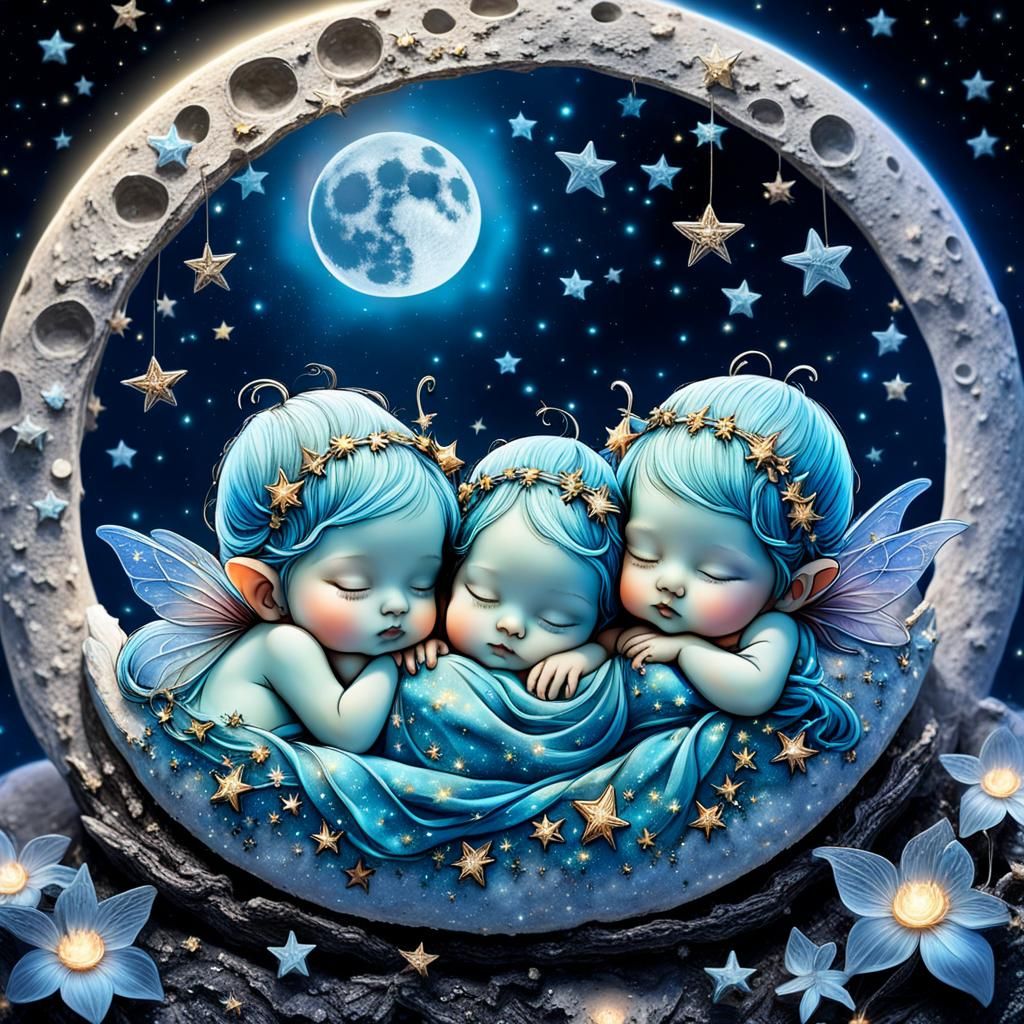 Baby Fairies Sleeping on a Bioluminescent Moon