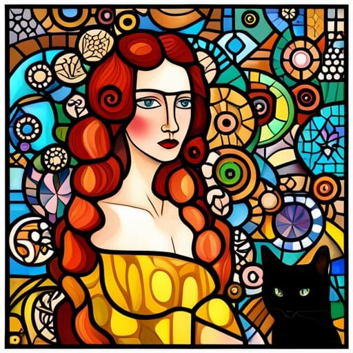 Woman and Black Cat Stained Glass in Cubist Style