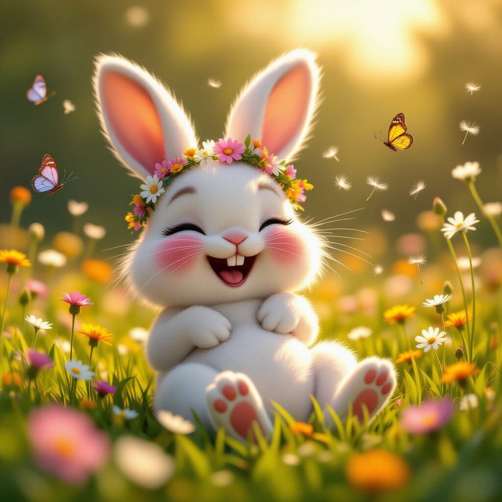 Fluffy Bunny Rolling in Wildflowers: 3D Cinematic Render