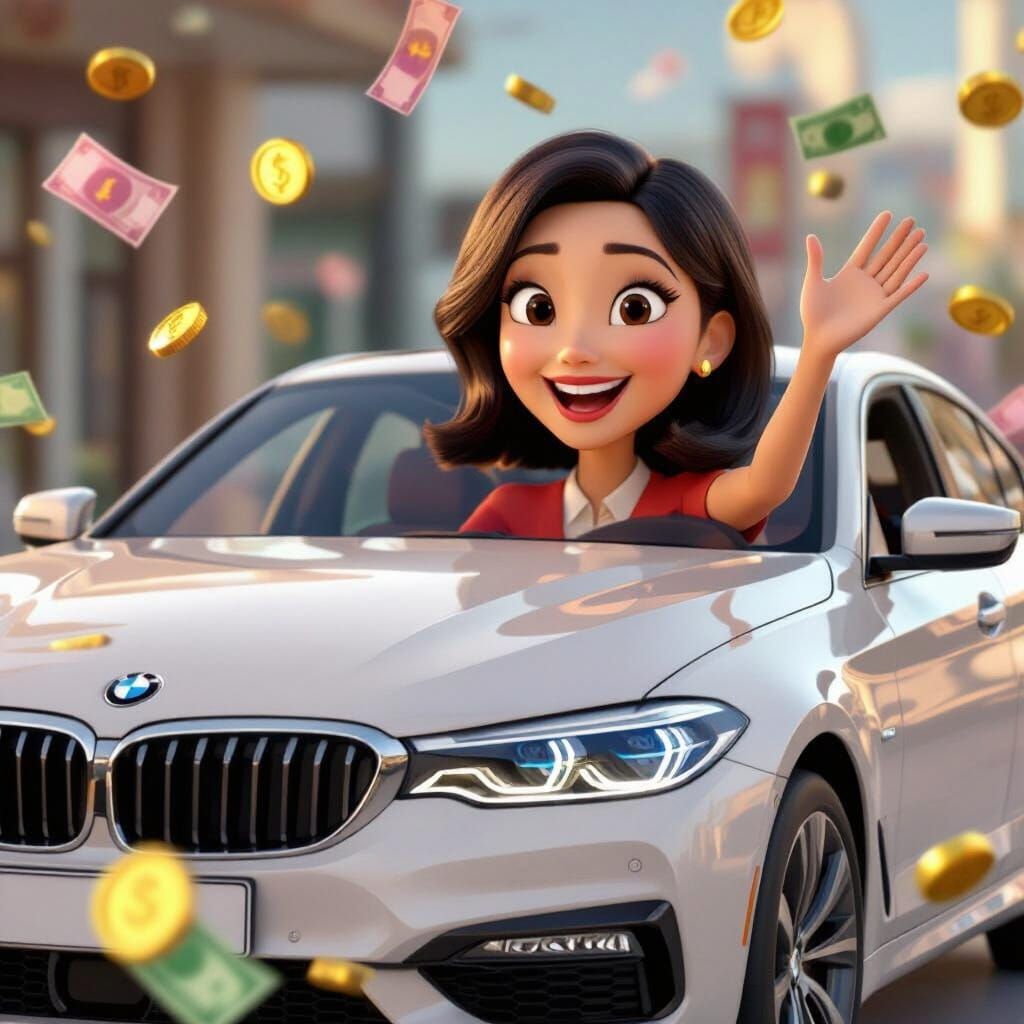 Pixar Style 3D Cartoon: Woman Waving from BMW