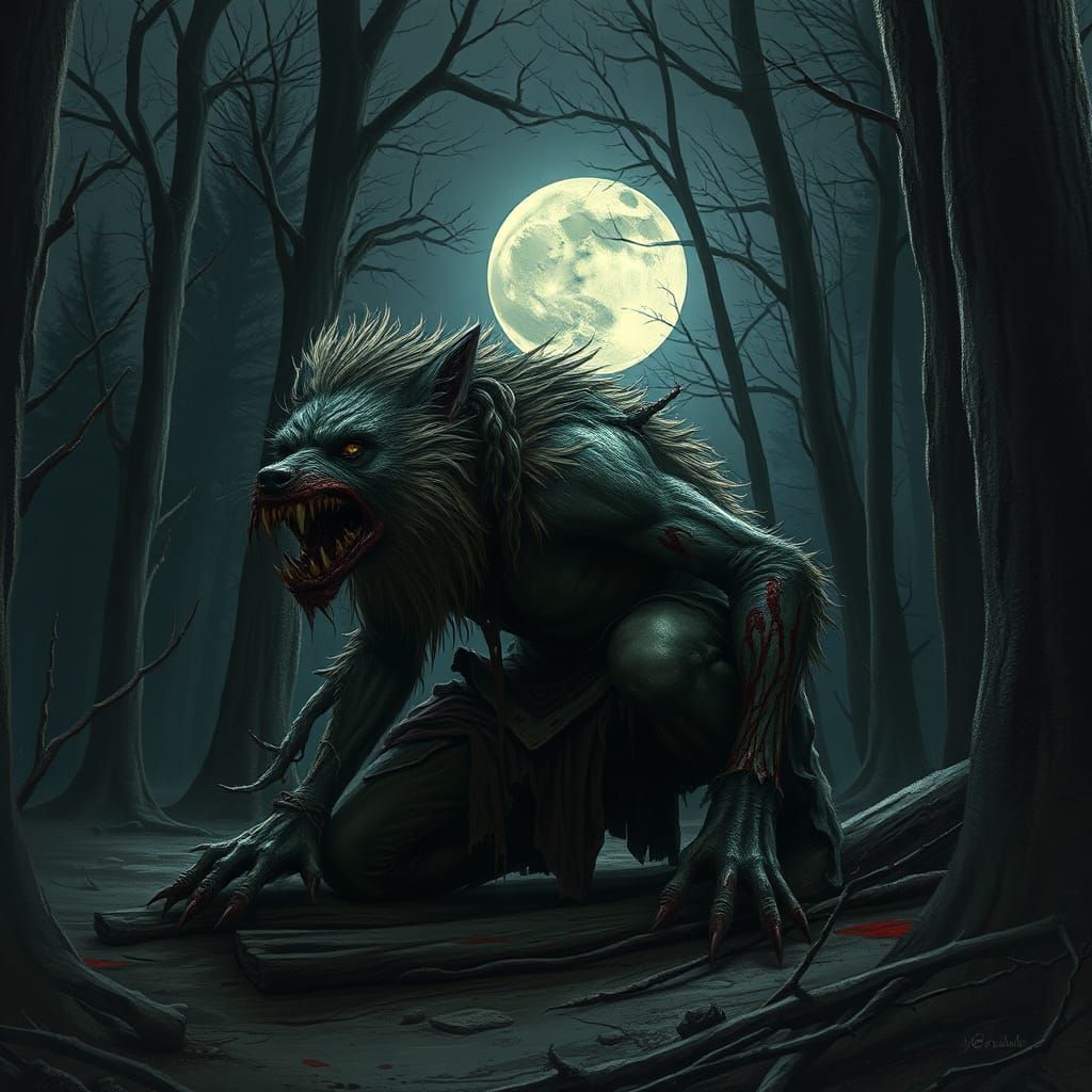Wounded Werewolf Transformation in Gothic Horror Style