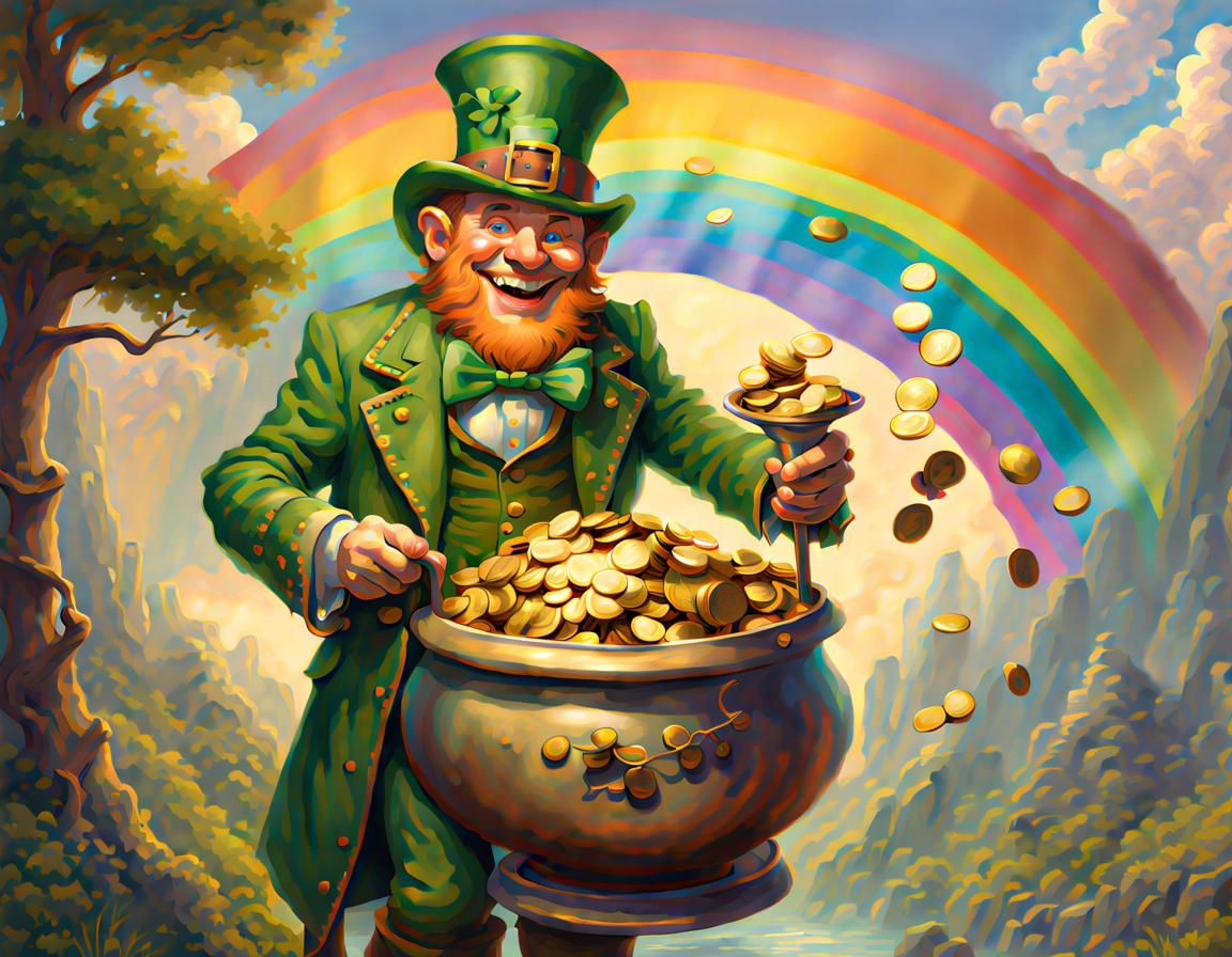 Leprechaun with Pot of Gold and Rainbow
