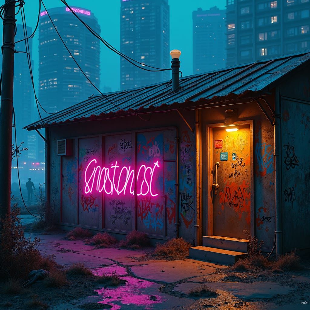 Cyberpunk Hovel with Neon Graffiti in Dystopian City