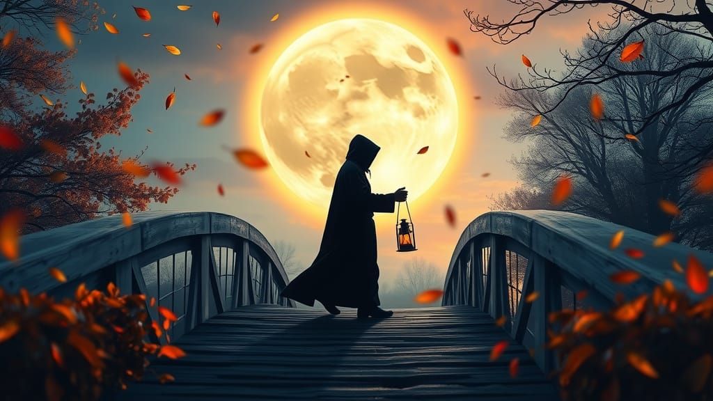 Mystical Monk Crossing Bridge in Autumnal Landscape