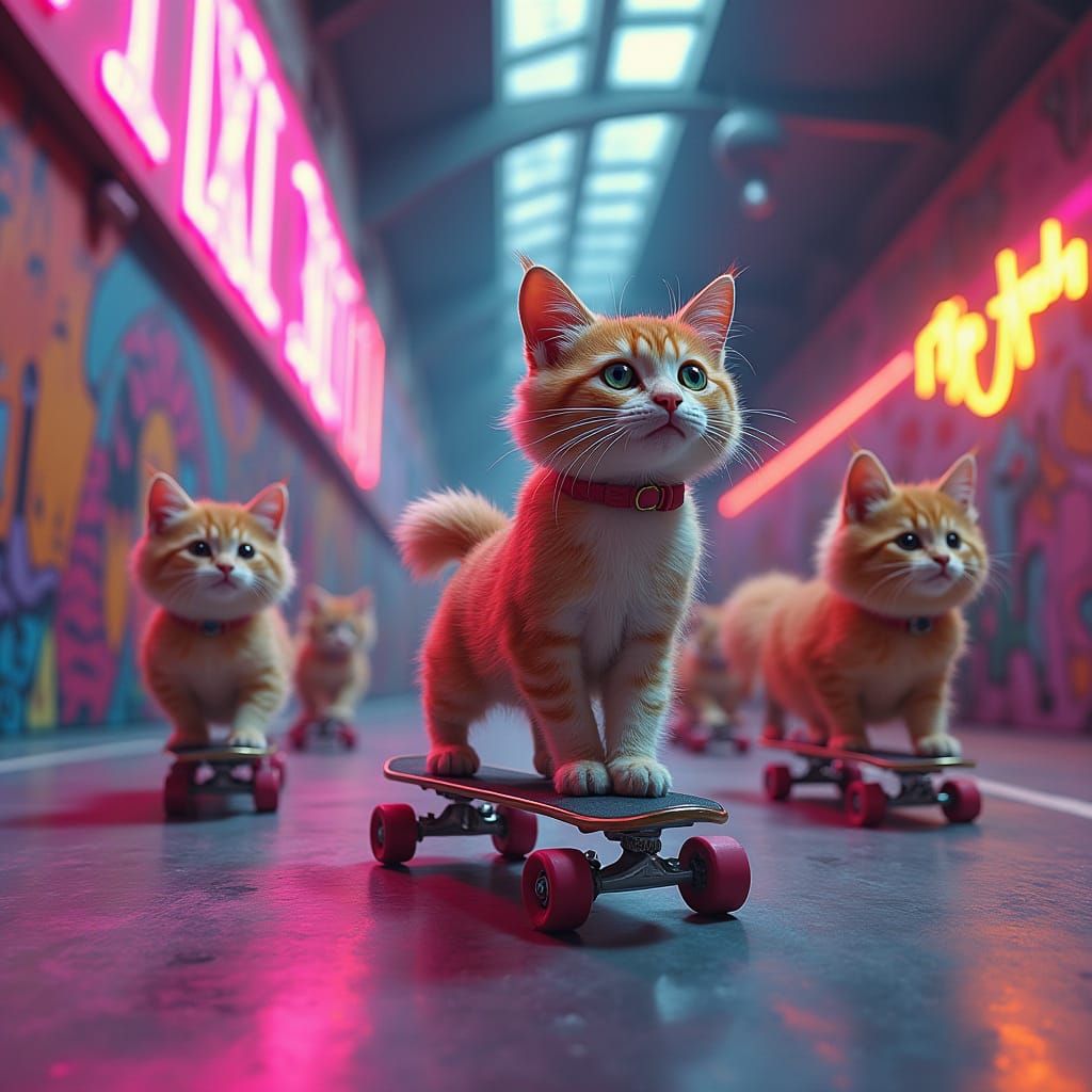 Cats and Dogs Skate in a Kaleidoscopic Indoor Park