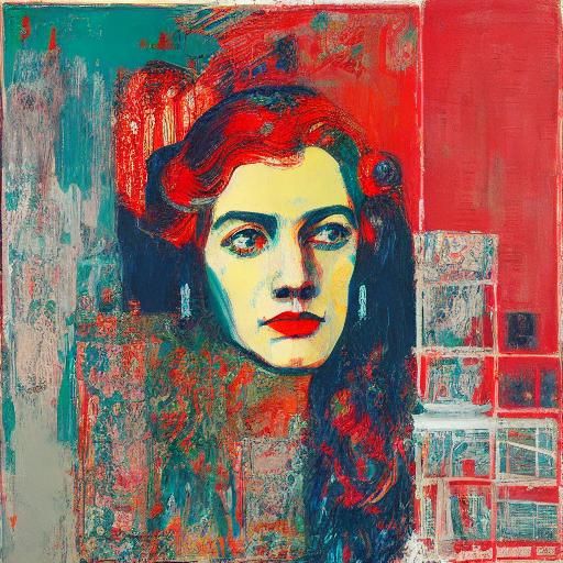 Woman Ascending Staircase: Portrait in Red and Teal