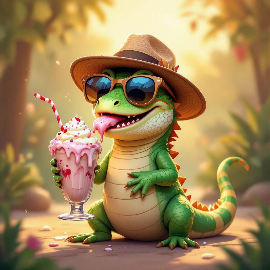 Cartoon Lizard Enjoys Ice Cream Float in Golden Hour Light