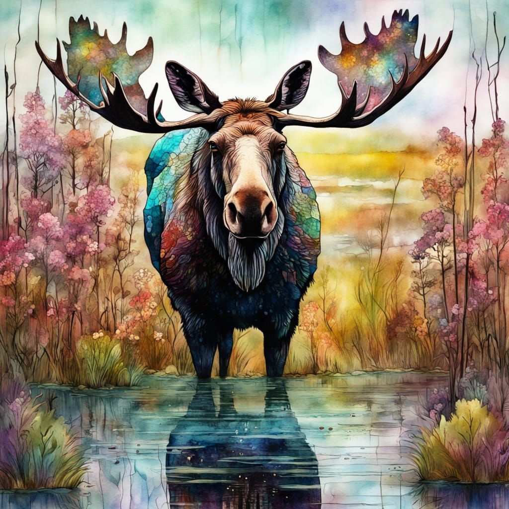 Majestic Magical Moose in Vibrant Salt Marsh Scene