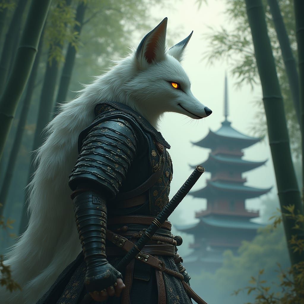 Samurai Fox Guarding Pagoda in Bamboo Forest