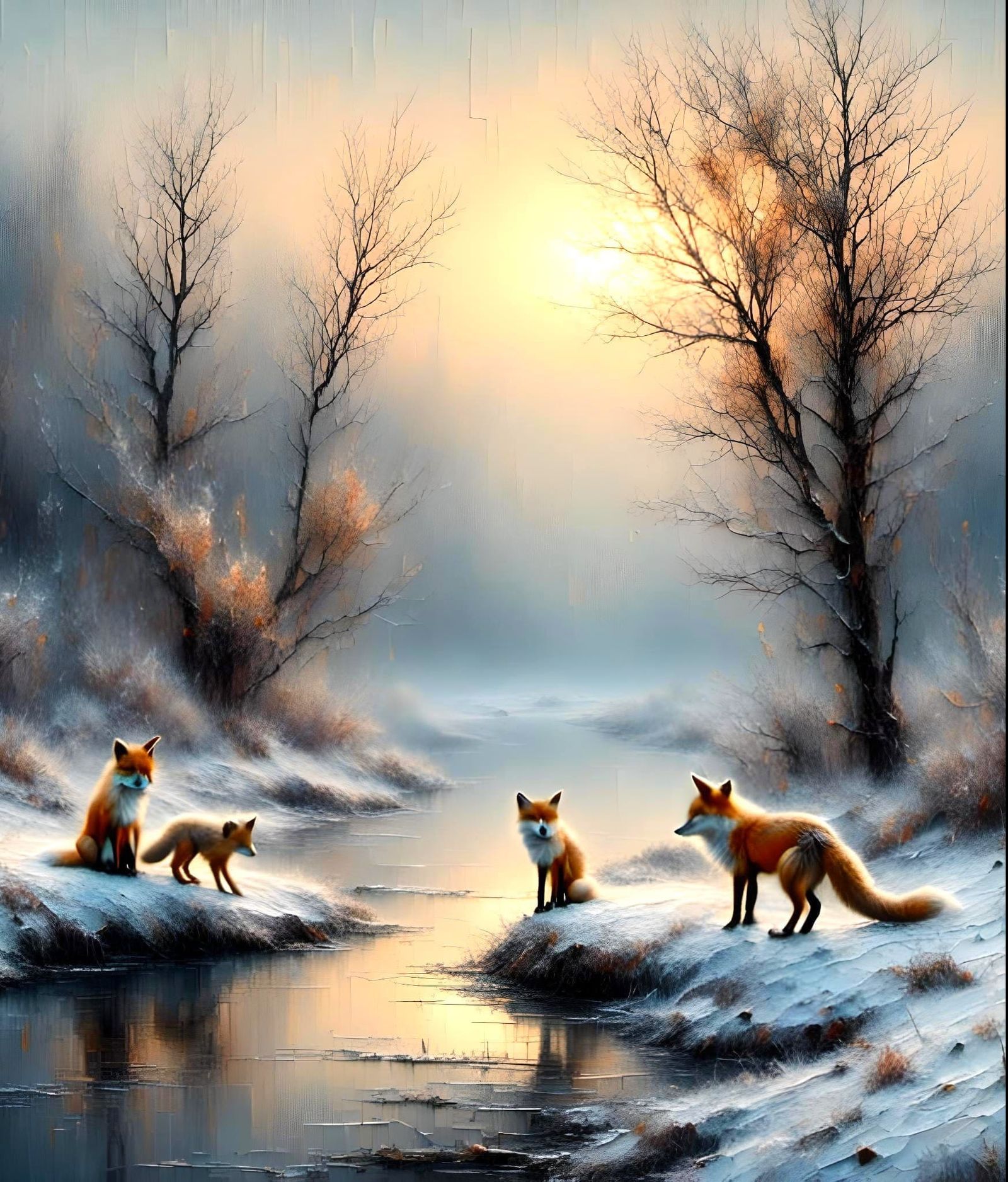 Snow Fox Family in Winter Oil Painting