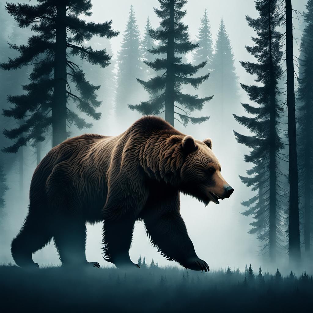 Giant Grizzly Bear Silhouette in Double Exposure Art