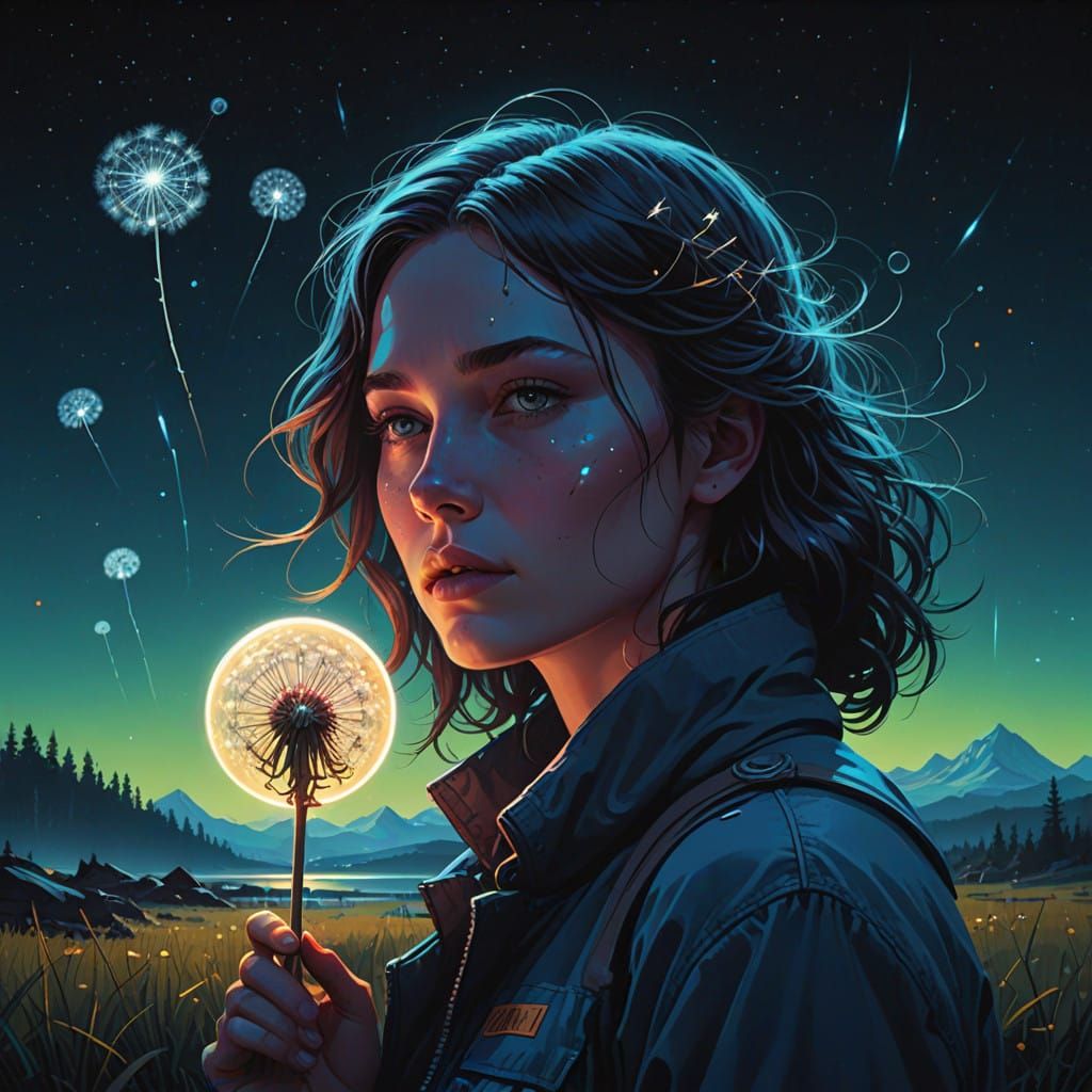 Ethereal Celestial Being with Glowing Dandelion in Cosmic En...