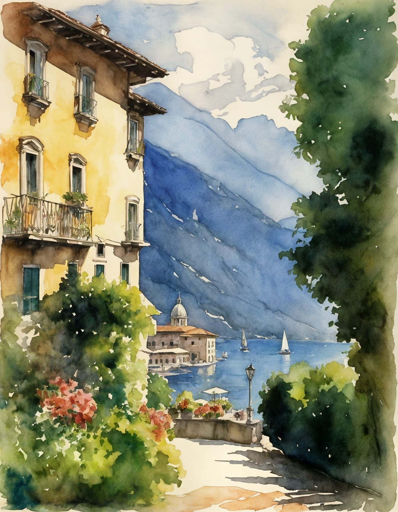 Italian Summer on Lake Como in Watercolor Style