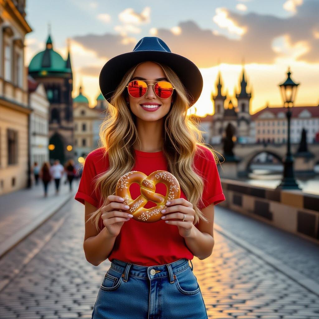 Woman with Pretzel in Prague at Sunset: Photorealistic Style