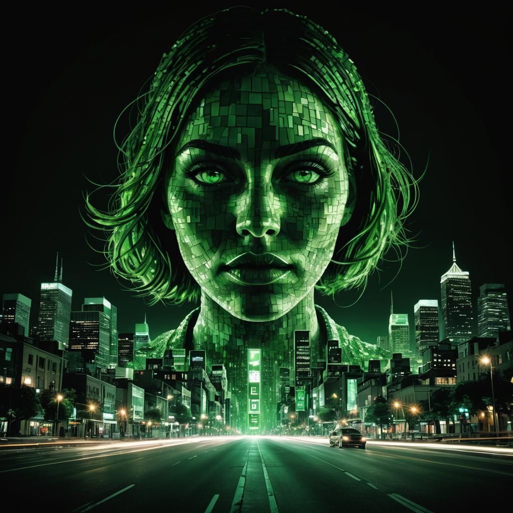 Green Cityscape Woman in Bauhaus Style