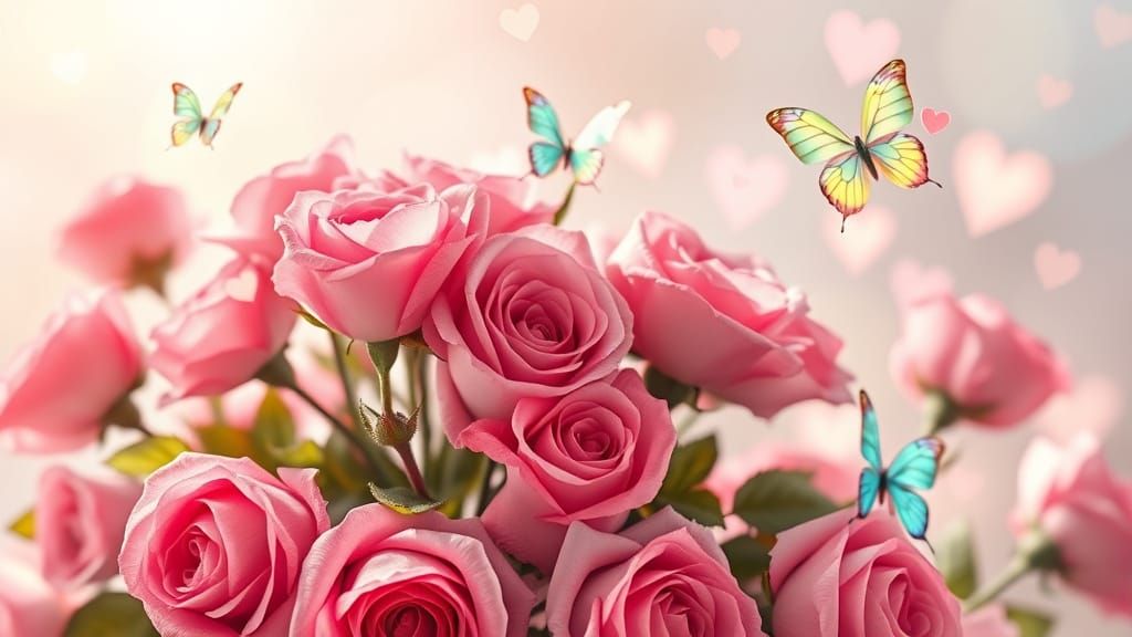 Dreamy Hearts Dance Among Pink Roses in Whimsical Wonderland