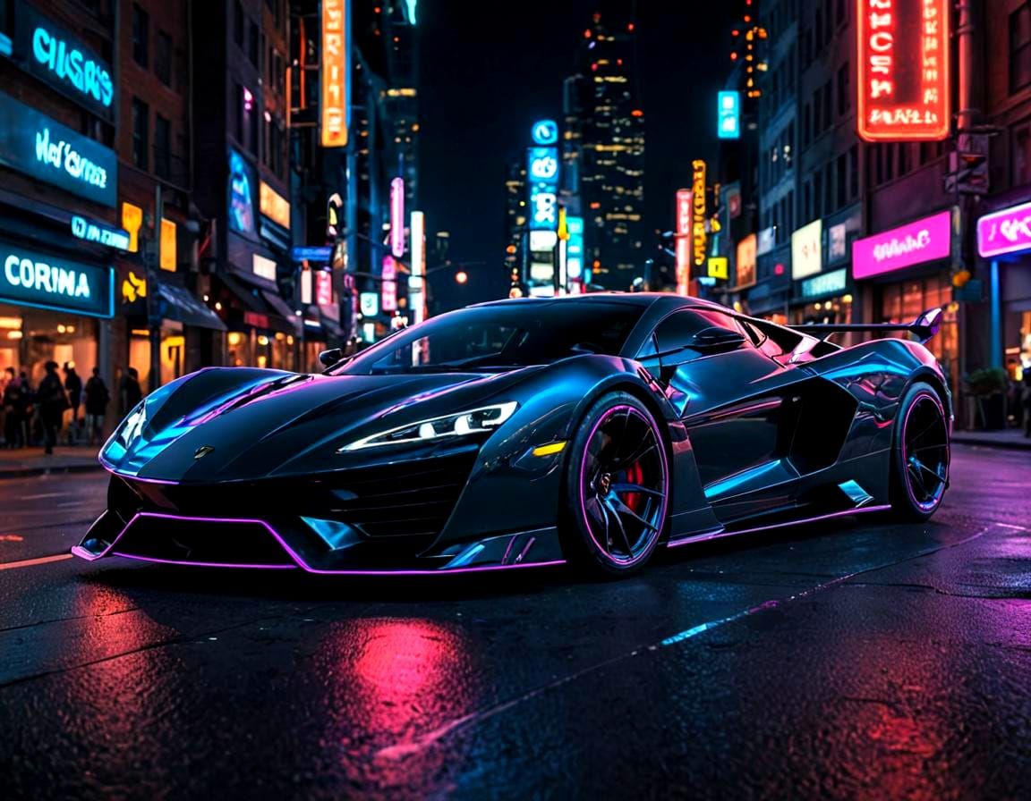 Sleek Futuristic Supercar with Neon Lights at Night