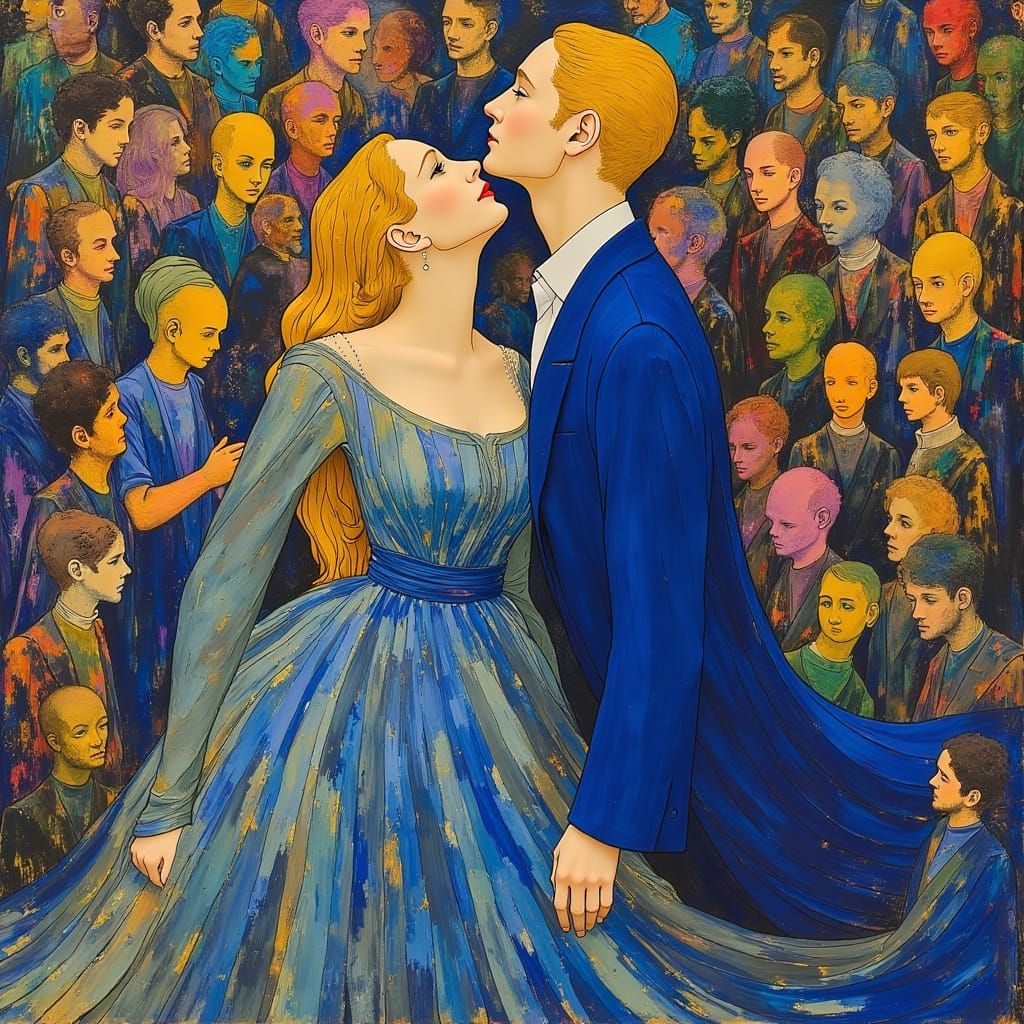Elegant Couple Surrounded by Vibrant Crowd in Art Nouveau St...