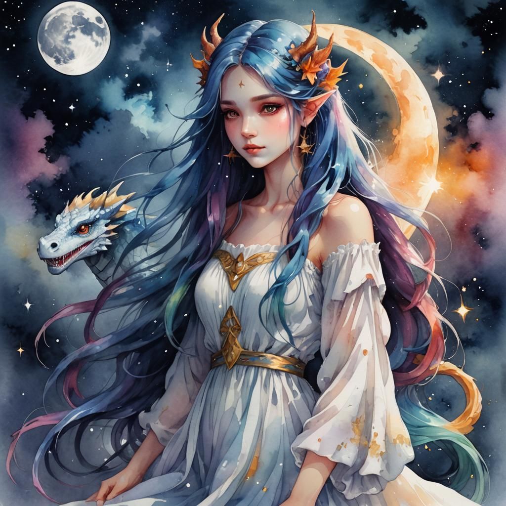 Fairy Stroking Dragon in Ethereal Watercolor Moonscape