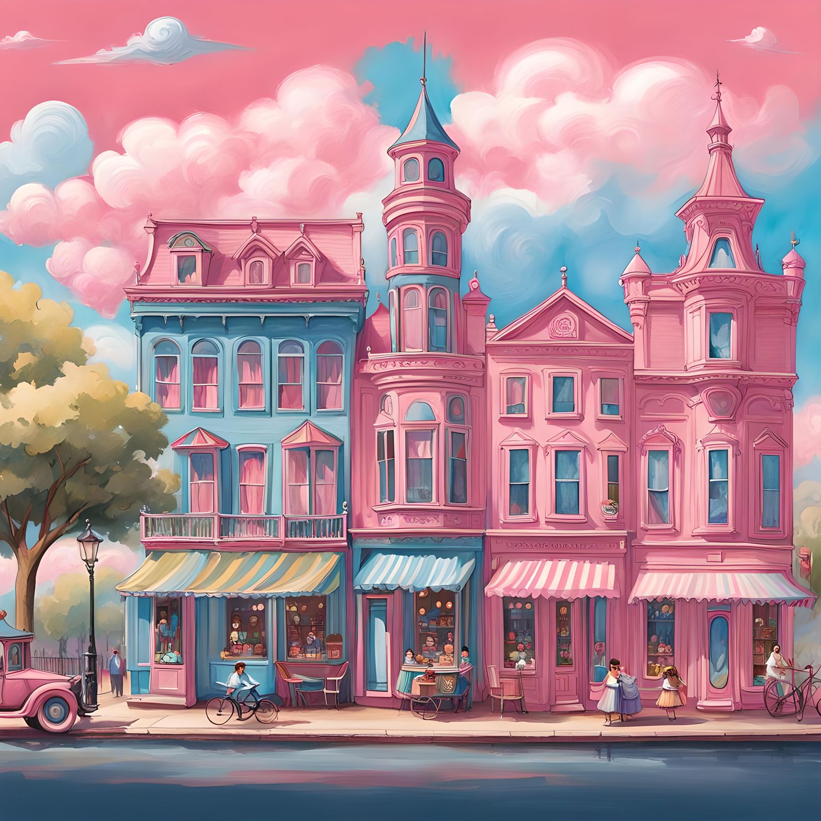 Dreamy Sketch of Main Street with Candy Clouds