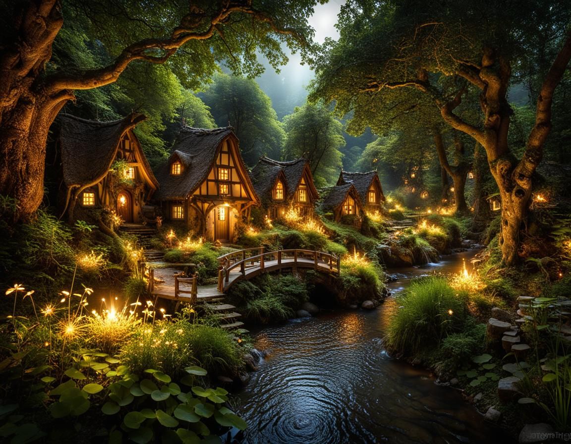 Enchanting Fairy Village with Fireflies and Streams